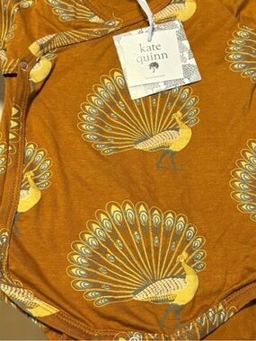Kate Quinn-BROWN Peacock print-BAMBOO-Kimono/wrap bodysuit-S/S-NEW-12-18M